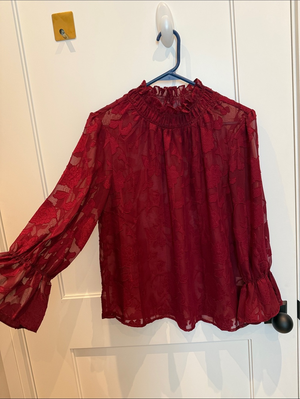 Sugarlips Sheer Floral Burgundy Blouse with Ruffled Neckline